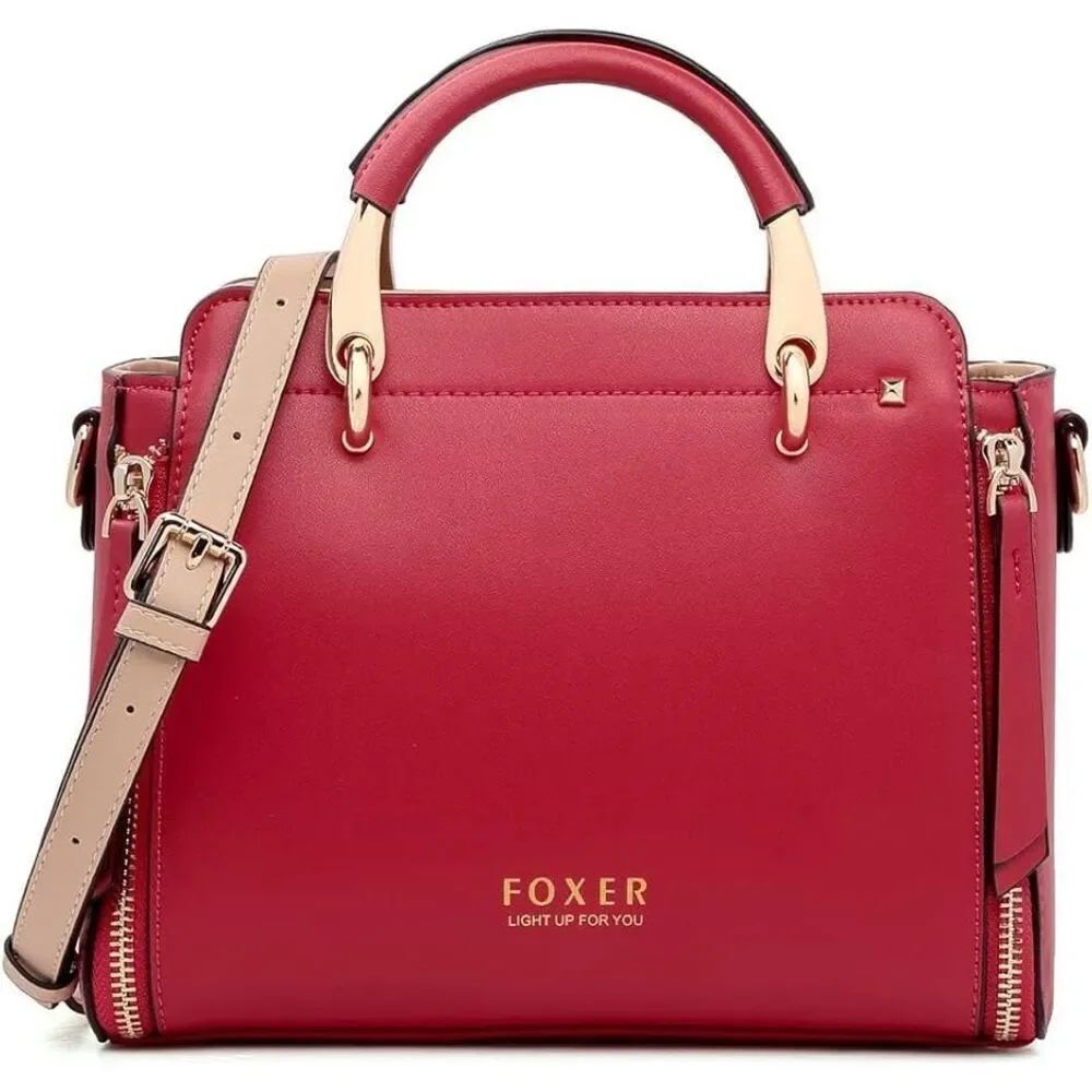 Foxer Top Handle Satchel Purse Red Leather Hand Bag Gold Hardware Bold